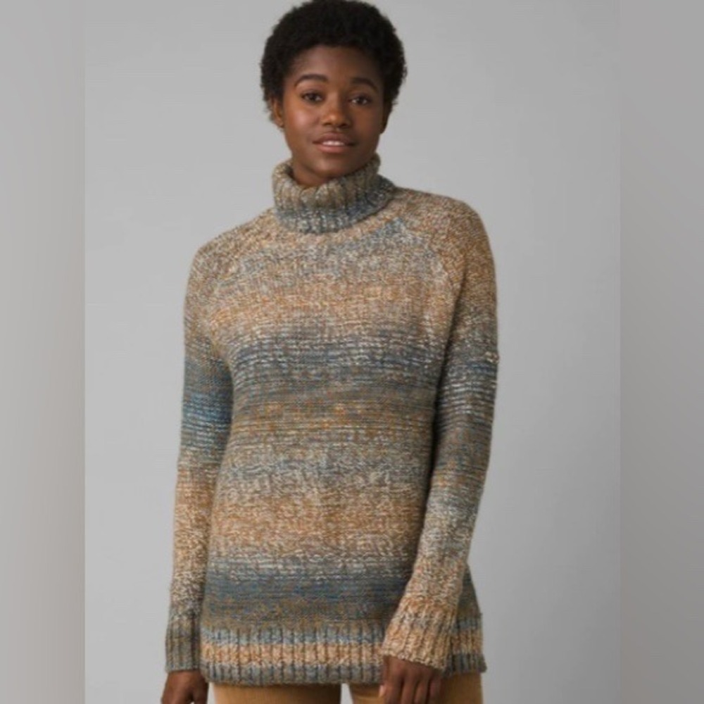 Prana Womens Autumn Rein Turtleneck Wool Blend Sweater Blue Tan Brown Small